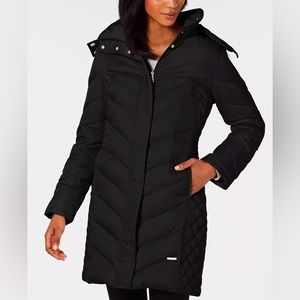 Kenneth Cole Reaction Faux-Fur-Trim Down Hooded Puffer Coat Black Size Small